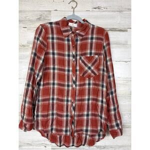 Sunland 17 Women’s S Orange Long Sleeve Button-Up Plaid Shirt Top